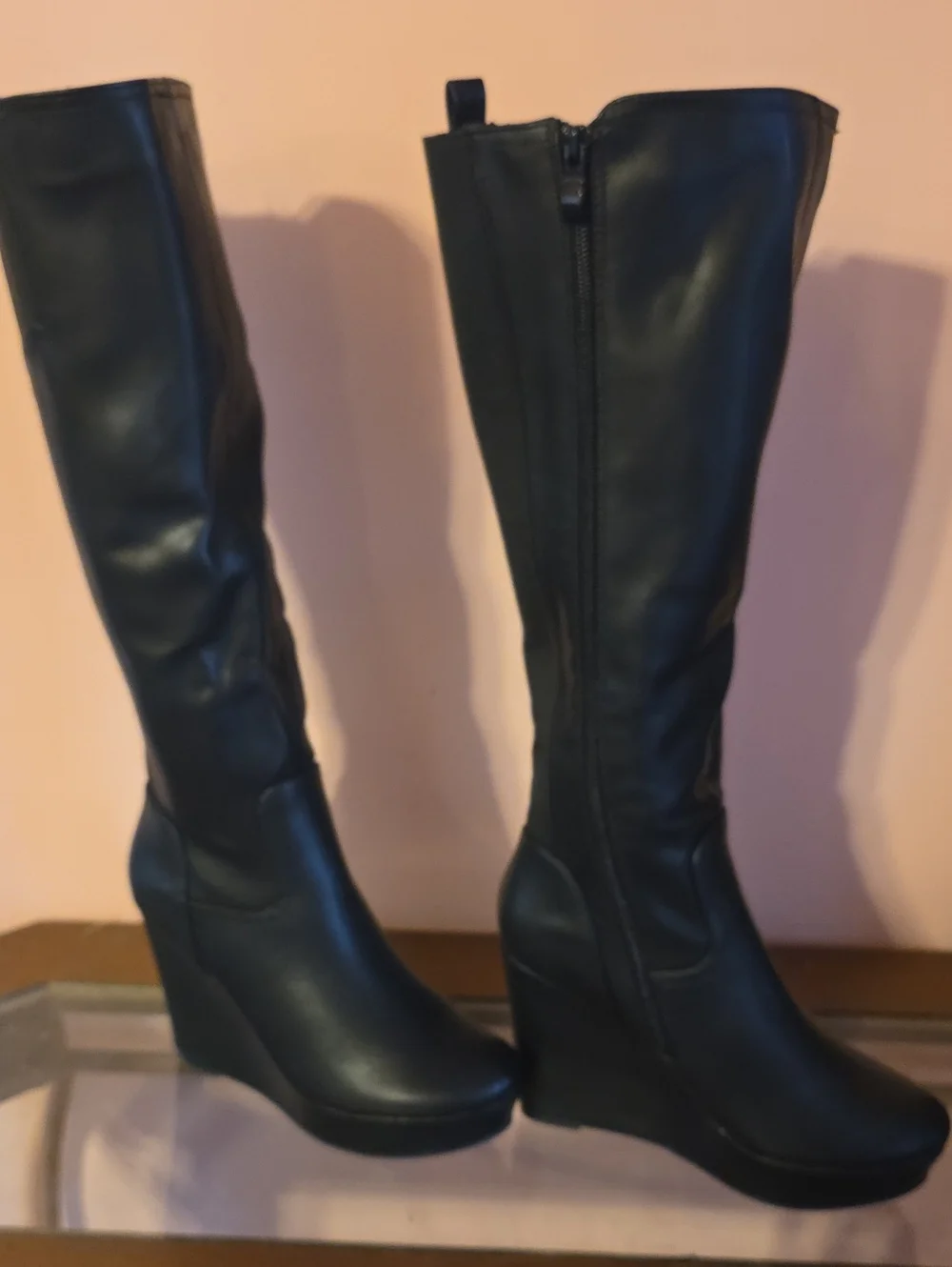 Classic Black Wedge Knee-High Boots - Women's Stylish Riding Boot